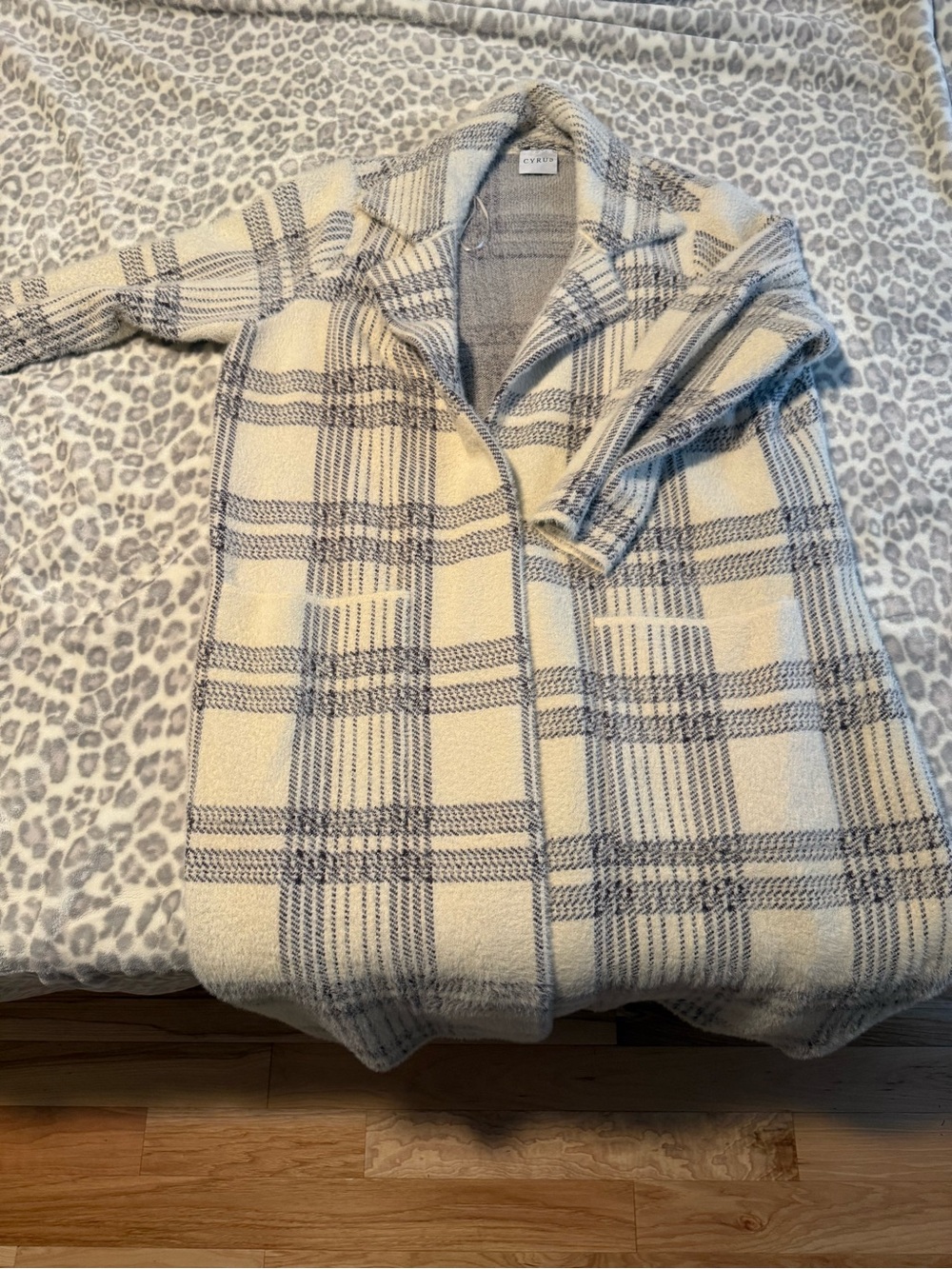 Cyrus Cream & Gray Plaid Long Pea Coat